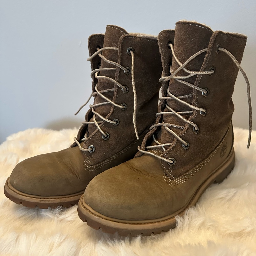 Timberland Olive and Tan Suede Fleece Roll Down Boots